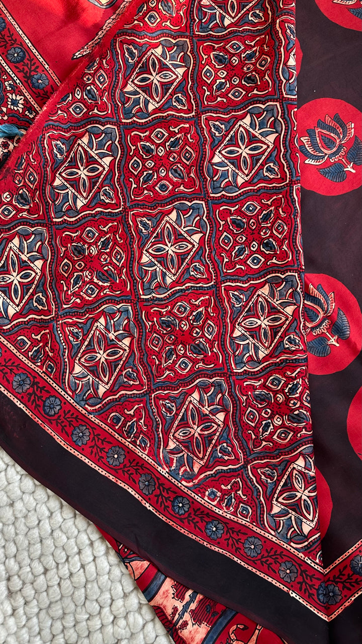 POLKA LOTUS - AJRAKH HAND BLOCK PRINTED PREMIUM MODAL SILK SAREE (ONLY AVAILABLE ON PRE-ORDER - DISPATCH TIME IS 30-35 DAYS)