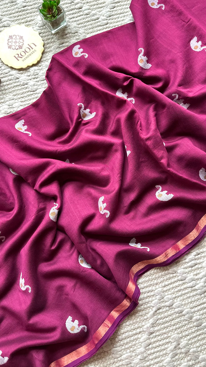 PREMIUM JAMDANI WEAVE HANDWOVEN PURE SILK BY PURE COTTON SAREE - ROYAL MAGENTA