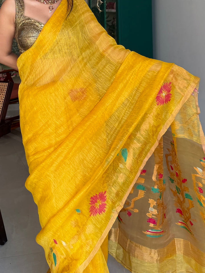 SUPER PREMIUM HANDWOVEN JAYASHREE LINEN BY TISSUE SILK NEEDLE-WORK JAMDANI SAREE - MUSTARD YELLOW