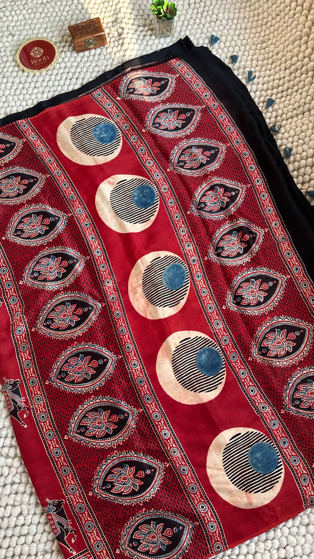 MADDER RED & BLACK PICHWAI NANDI - AJRAKH HAND BLOCK PRINTED PREMIUM MODAL SILK SAREE (AVAILABLE ON PRE-ORDER - DISPATCH TIME IS 30-35 DAYS)