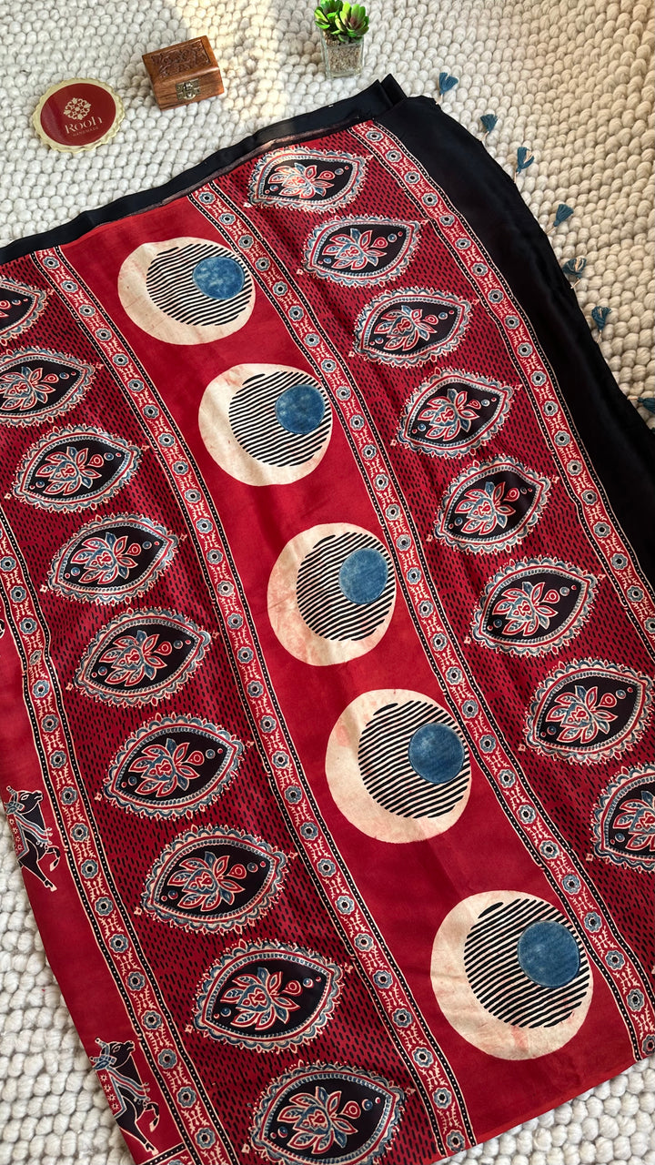 MADDER RED & BLACK PICHWAI NANDI - AJRAKH HAND BLOCK PRINTED PREMIUM MODAL SILK SAREE (AVAILABLE ON PRE-ORDER - DISPATCH TIME IS 30-35 DAYS)