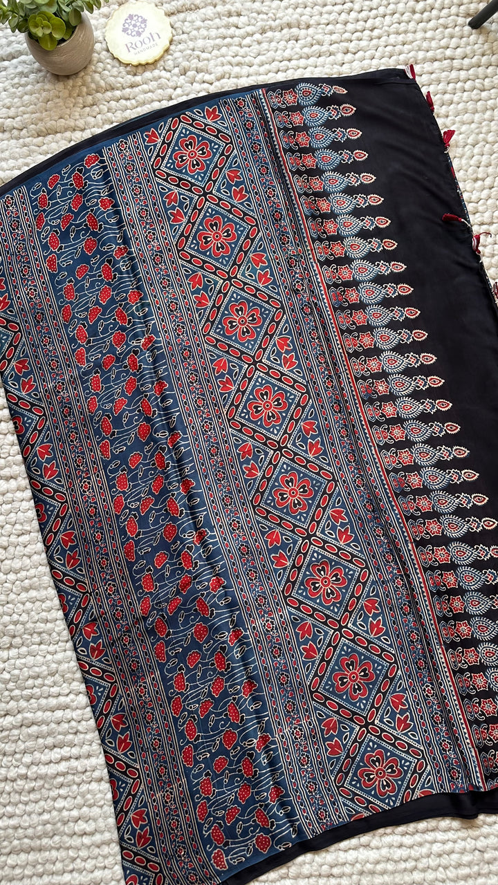 ROOH EXCLUSIVES- AJRAKH HAND BLOCK PRINTED PREMIUM MODAL SILK SAREE 21