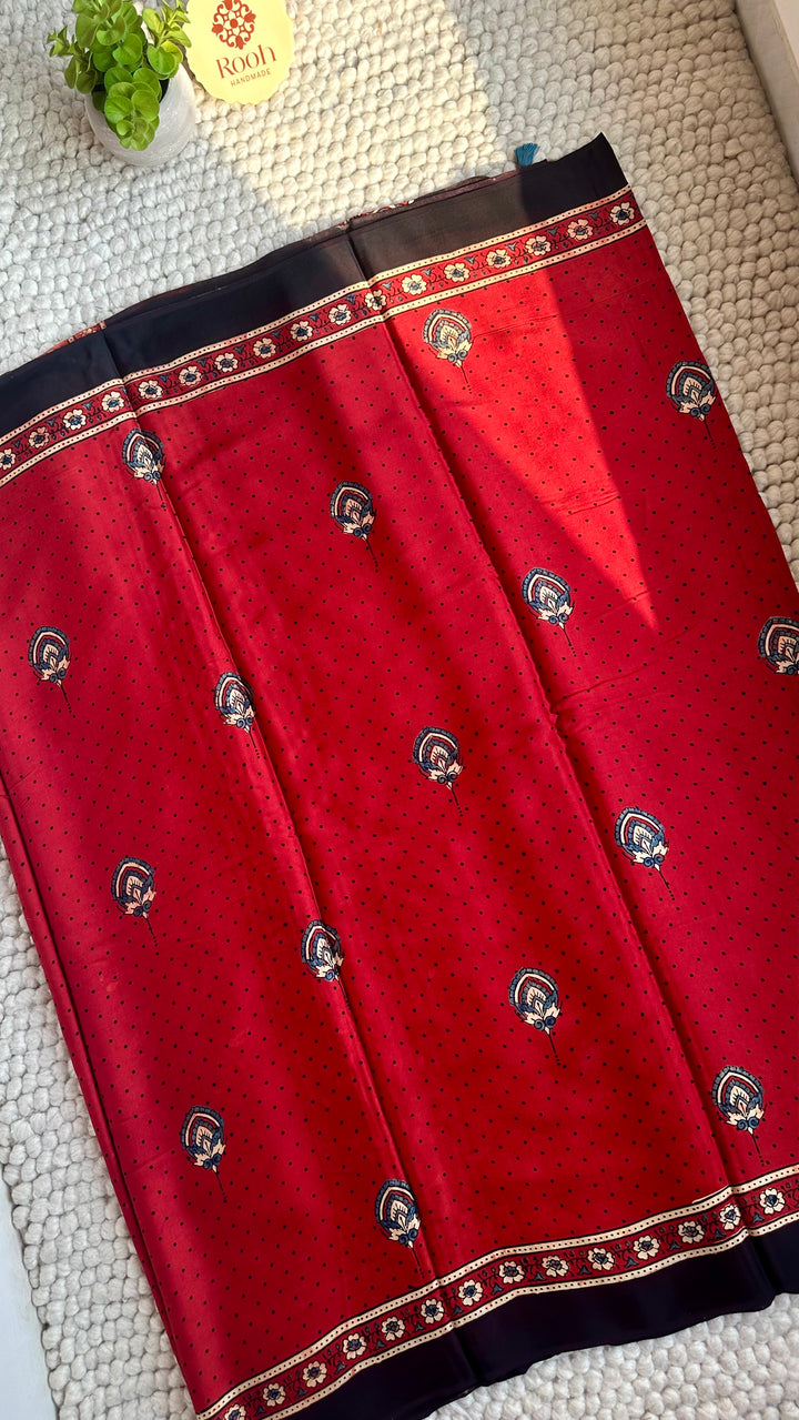 MADDER RED BLOOMS - PREMIUM HALF AND HALF AJRAKH HAND BLOCK PRINTED PREMIUM MODAL SILK SAREE