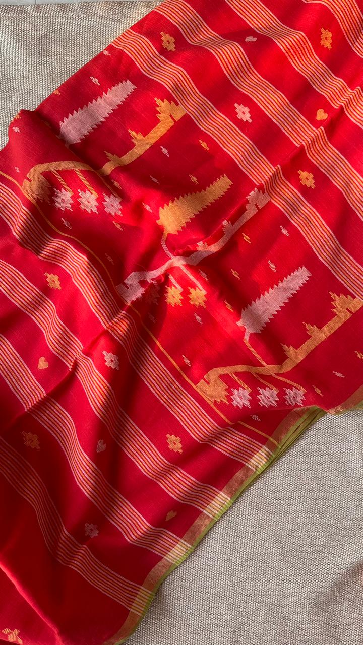 PREMIUM JAMDANI WEAVE HANDWOVEN AND HANDSPUN COTTON SAREE - VERMILLION RED (AVAILABLE ON PRE ORDER - DISPATCH TIME IS 30 TO 40 DAYS)