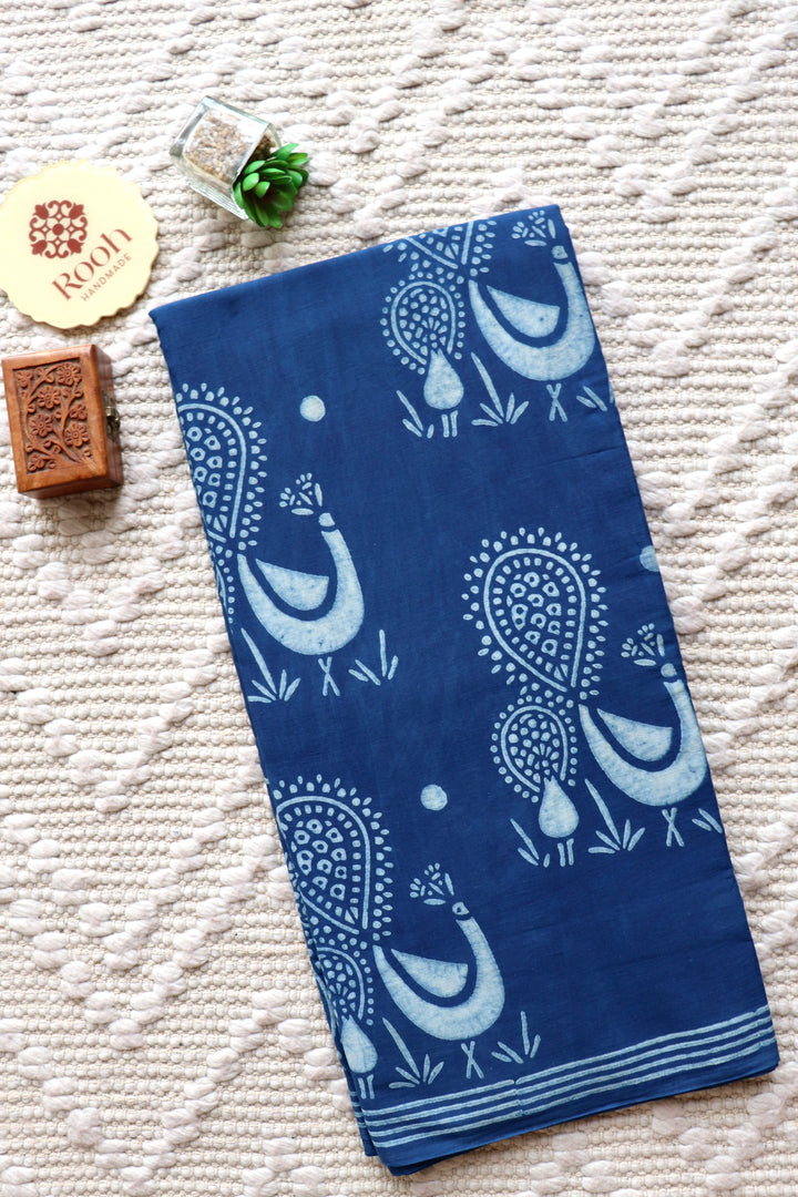AKOLA INDIGO HAND BLOCK DABU PRINTED SOFT MULMUL COTTON SAREE- 022