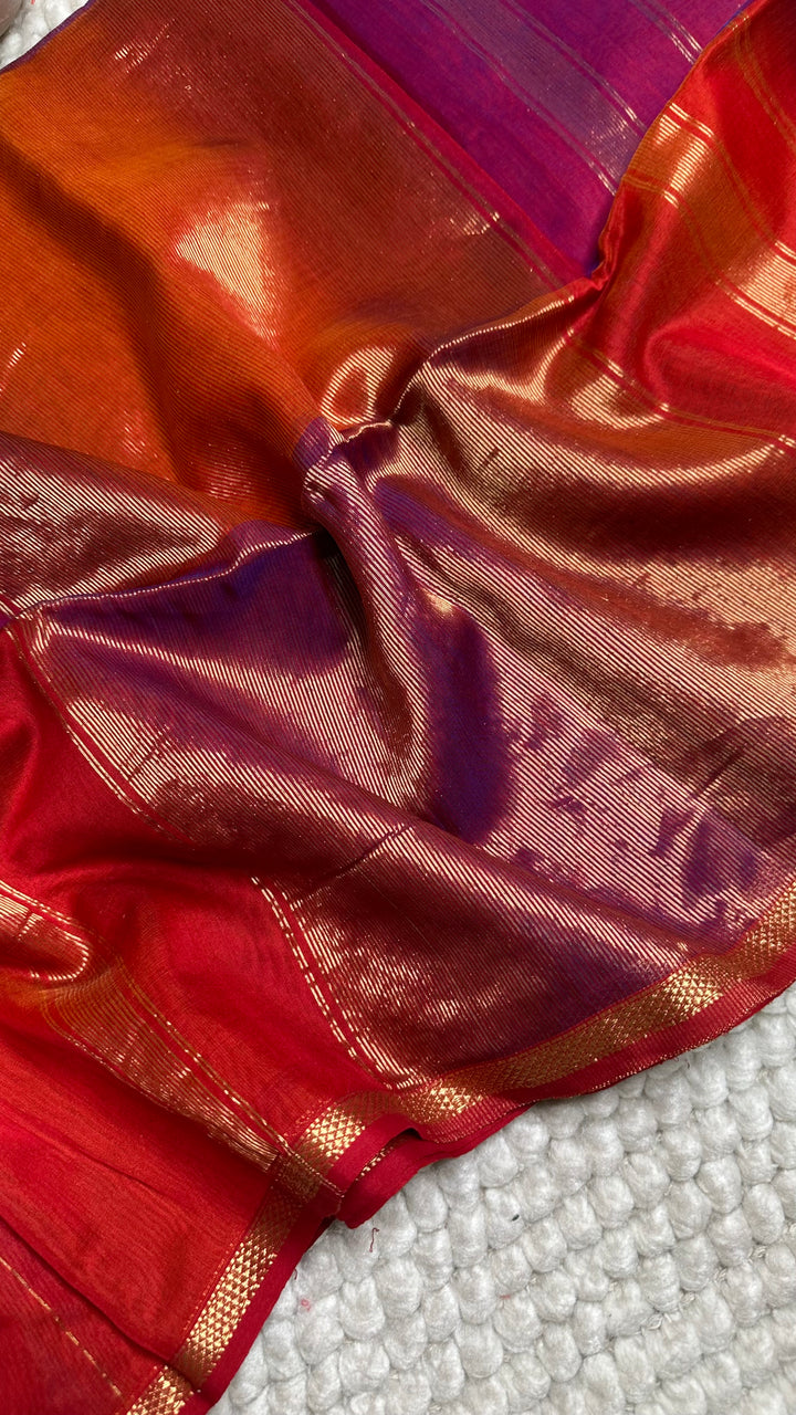 PURPLE & ORANGE DUAL TONE- PREMIUM HANDWOVEN MAHESHWARI SILK BY COTTON SAREE (DISPATCH TIME IS 15-20 DAYS)