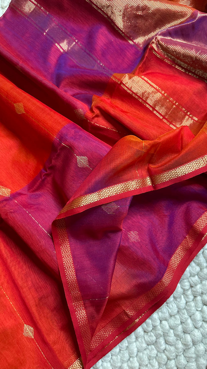 PURPLE & ORANGE DUAL TONE- PREMIUM HANDWOVEN MAHESHWARI SILK BY COTTON SAREE (DISPATCH TIME IS 15-20 DAYS)