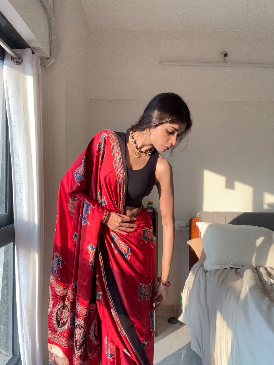 MADDER RED & INDIGO PICHWAI NANDI - AJRAKH HAND BLOCK PRINTED MODAL SILK SAREE