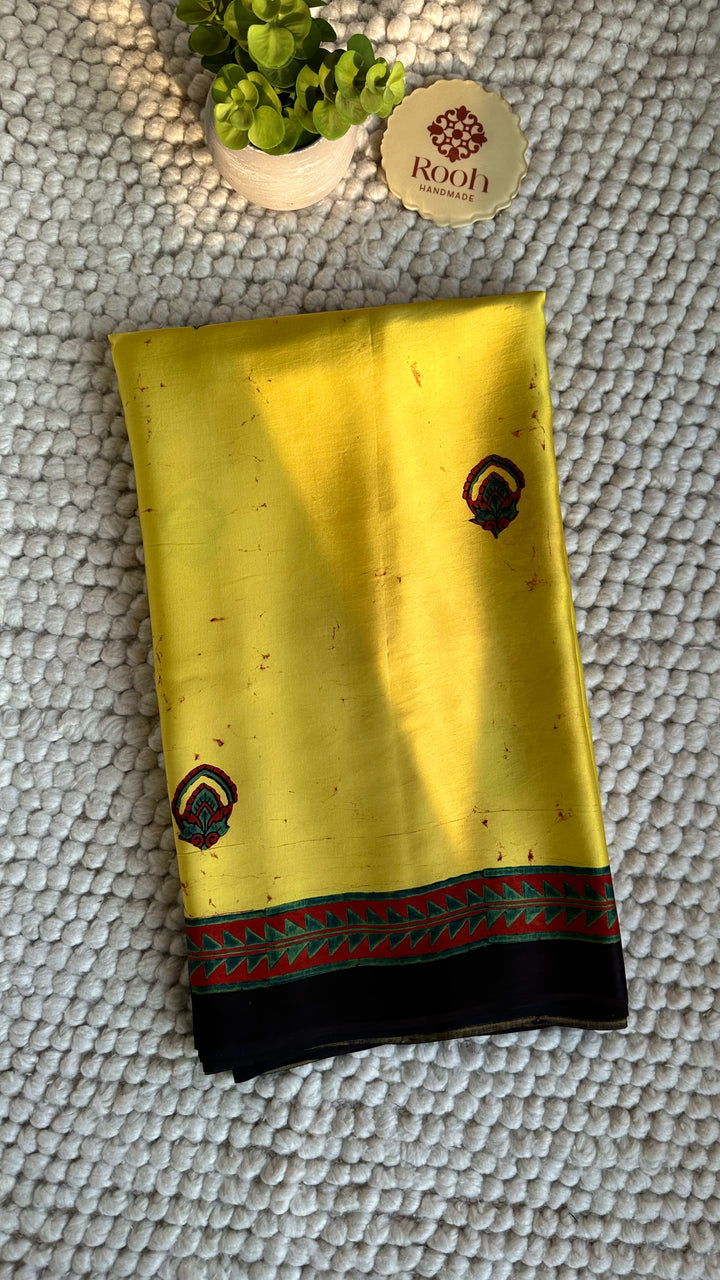 YELLOW CHARMS - AJRAKH HAND BLOCK MARBLE PRINTED PREMIUM MODAL SILK SAREE  (ONLY AVAILABLE ON PRE-ORDER - DISPATCH TIME IS 30-35 DAYS)