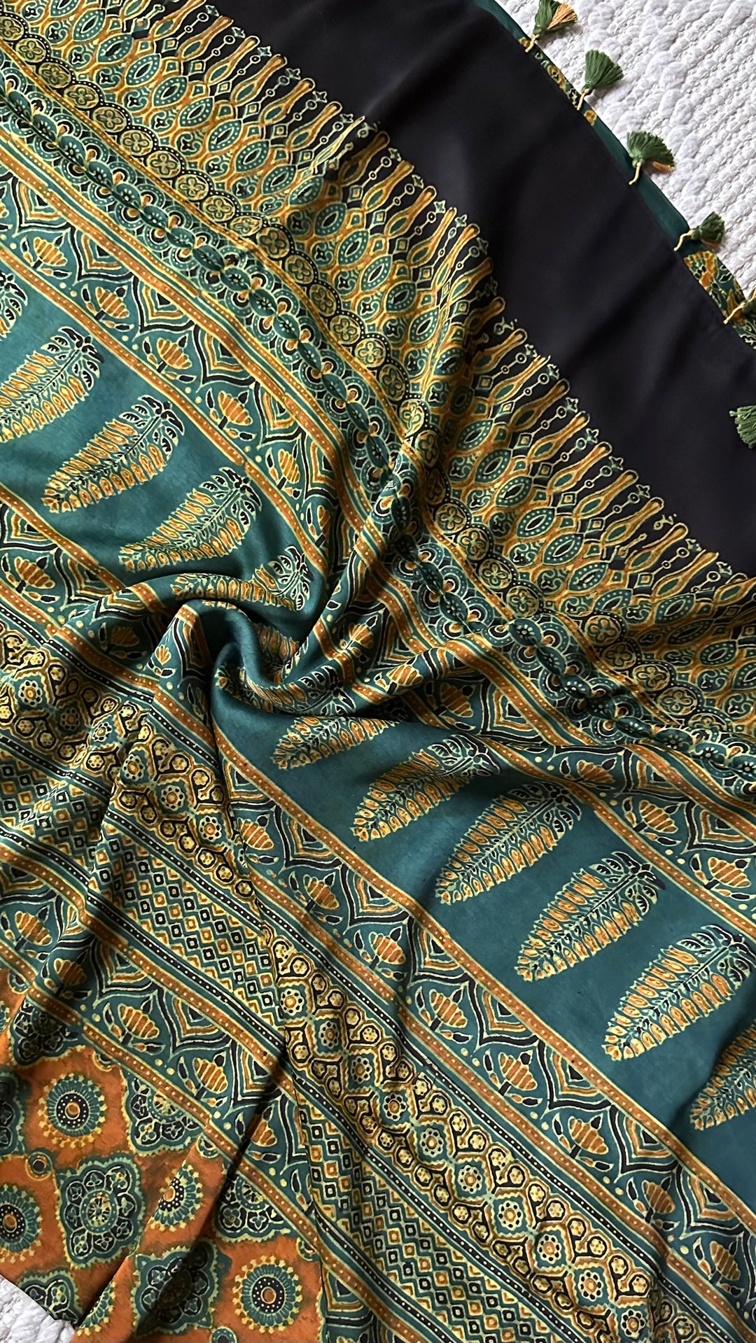 MAHIKA - DEEP GREEN PREMIUM AJRAKH HAND BLOCK PRINTED MODAL SILK SAREE