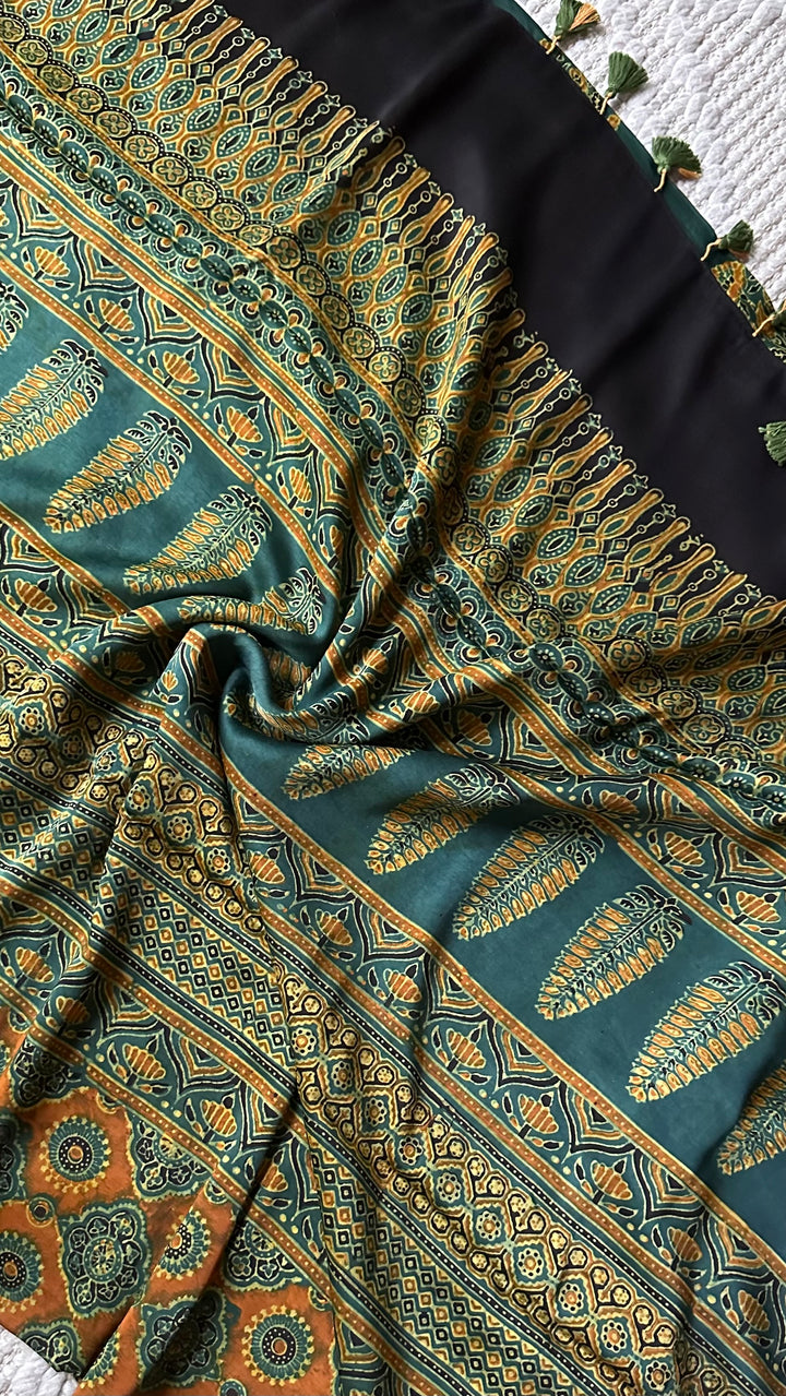 MAHIKA - DEEP GREEN PREMIUM AJRAKH HAND BLOCK PRINTED MODAL SILK SAREE