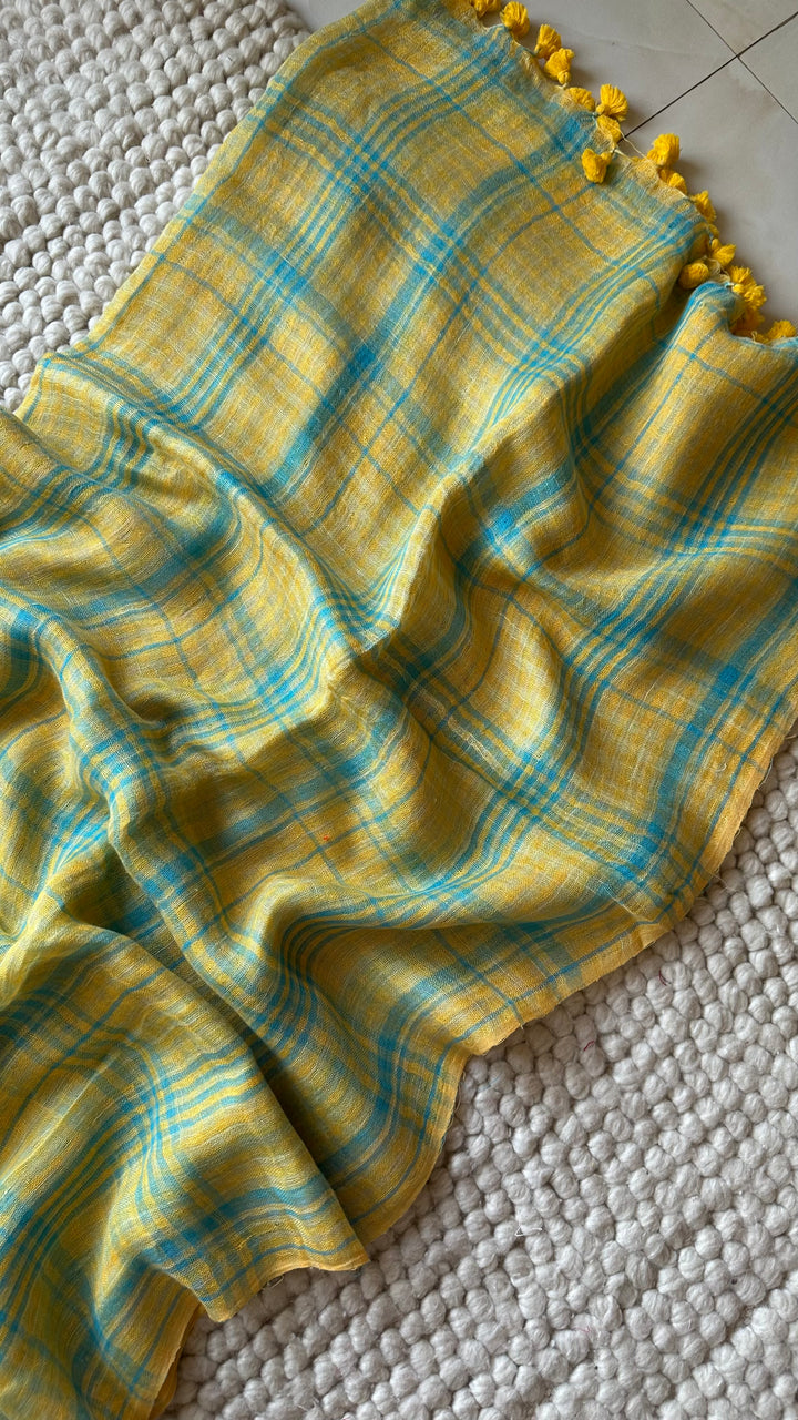 Multi Colour Checked Pure Handwoven Linen Saree - 005