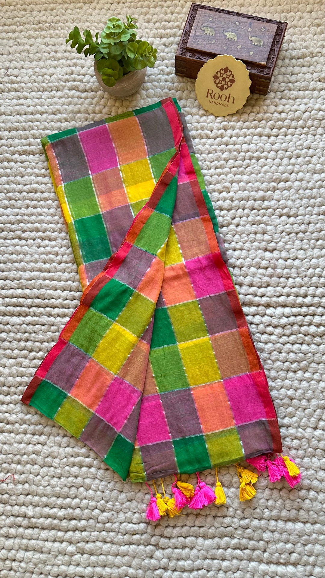 HANDWOVEN MULTICOLOUR ZARI CHECKS PURE MULMUL COTTON SAREE - 06
