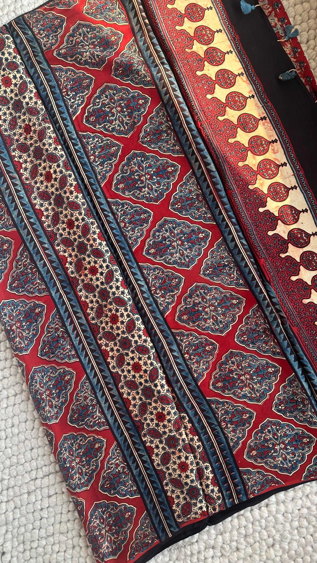 LOTUS ON MADDER RED - PREMIUM AJRAKH HAND BLOCK PRINTED PREMIUM MODAL SILK SAREE