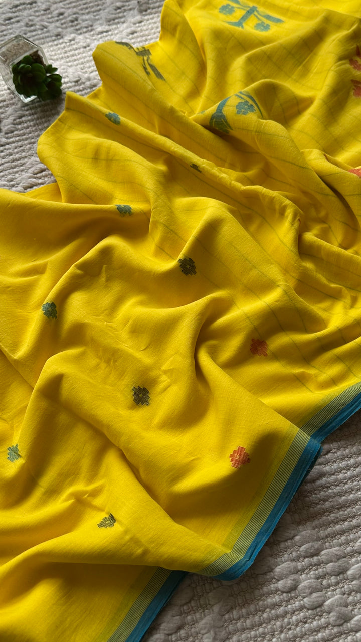 PREMIUM JAMDANI WEAVE HANDWOVEN AND HANDSPUN COTTON SAREE -  FRESH LEMON YELLOW