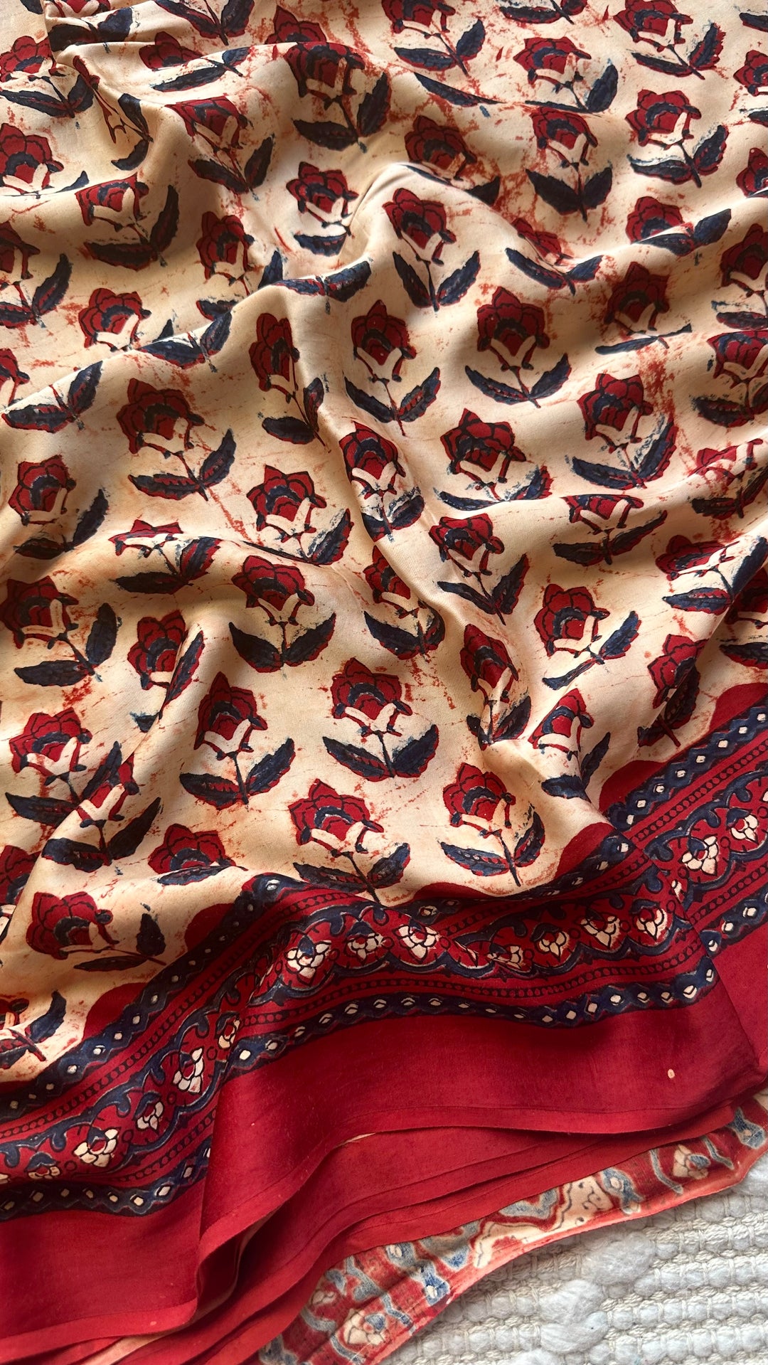 HUES OF AUTUMN- SUPER PREMIUM & BUTTERY SOFT AJRAKH HAND BLOCK PRINTED MODAL SILK SAREE (DISPATCH TIME IS 5 TO 7 DAYS)