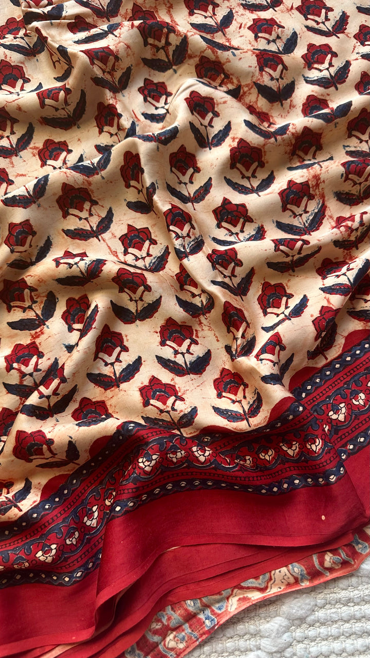 HUES OF AUTUMN- SUPER PREMIUM & BUTTERY SOFT AJRAKH HAND BLOCK PRINTED MODAL SILK SAREE (DISPATCH TIME IS 5 TO 7 DAYS)