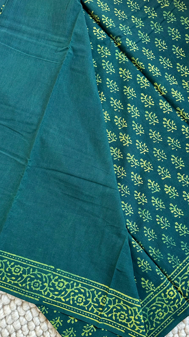 AKOLA INDIGO GREEN HAND BLOCK DABU PRINTED SOFT MULMUL COTTON SAREE- 033