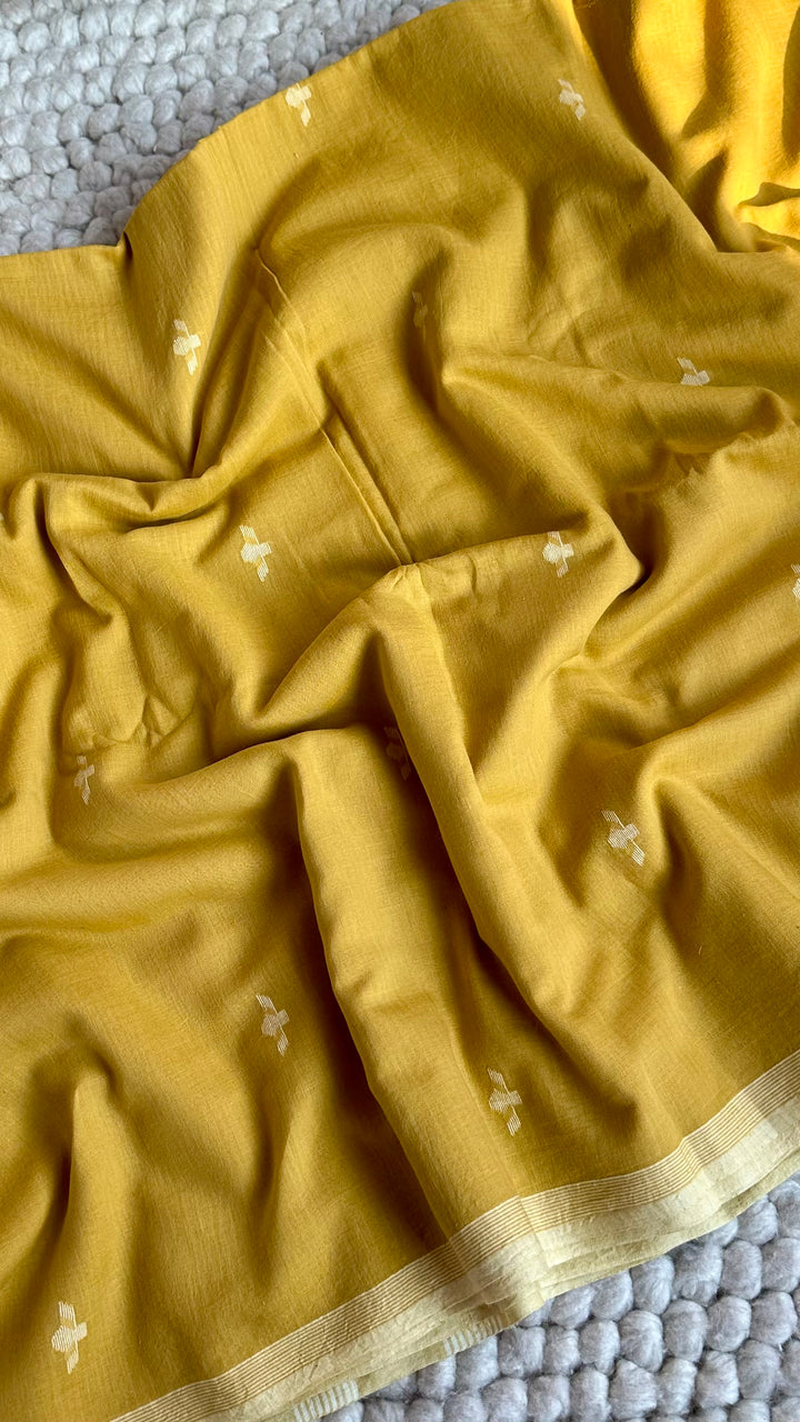 PREMIUM NEEDLE WORK JAMDANI HANDWOVEN AND HANDSPUN COTTON SAREE -  OCHRE YELLOW