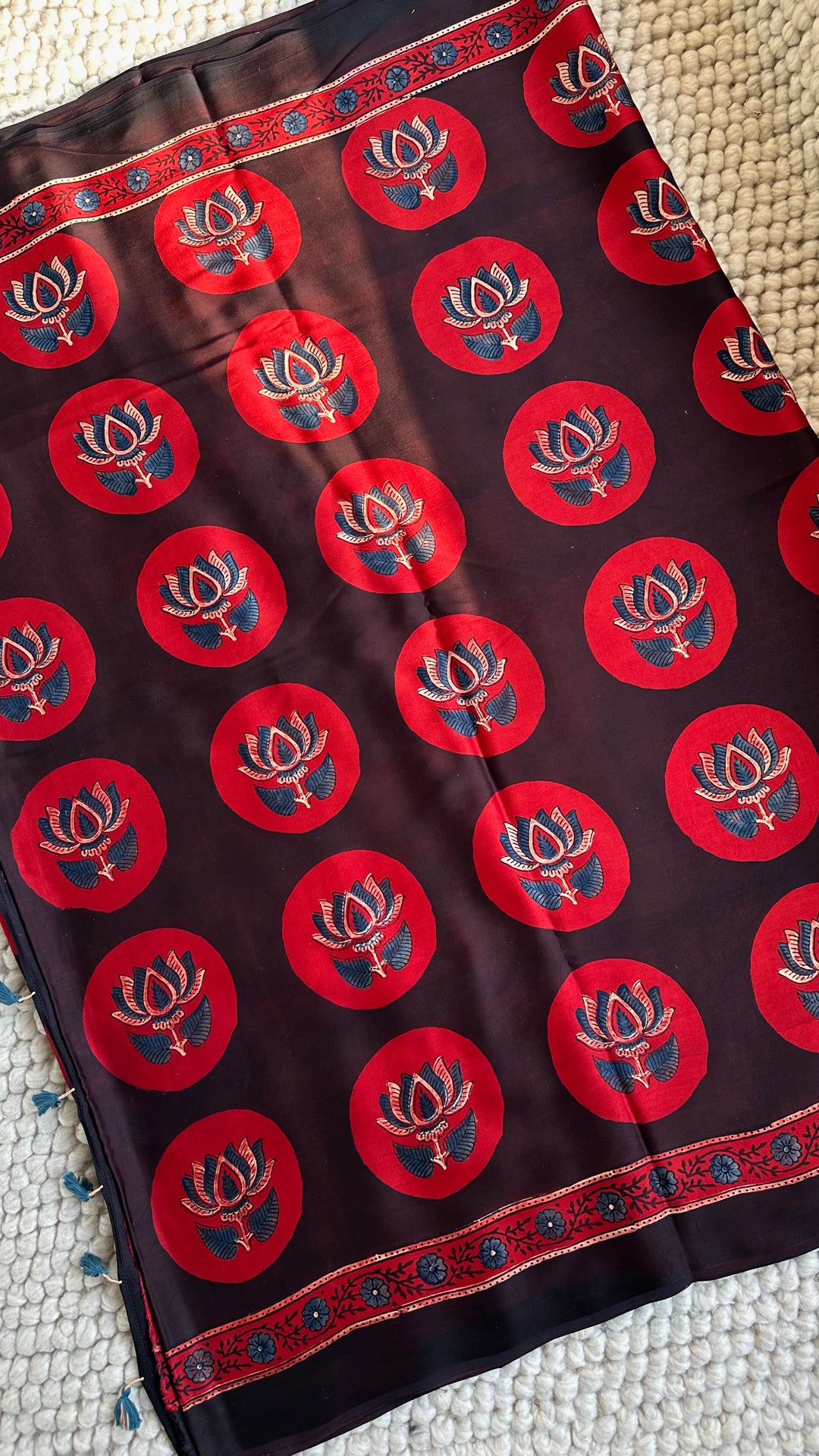 POLKA LOTUS - AJRAKH HAND BLOCK PRINTED PREMIUM MODAL SILK SAREE (ONLY AVAILABLE ON PRE-ORDER - DISPATCH TIME IS 30-35 DAYS)
