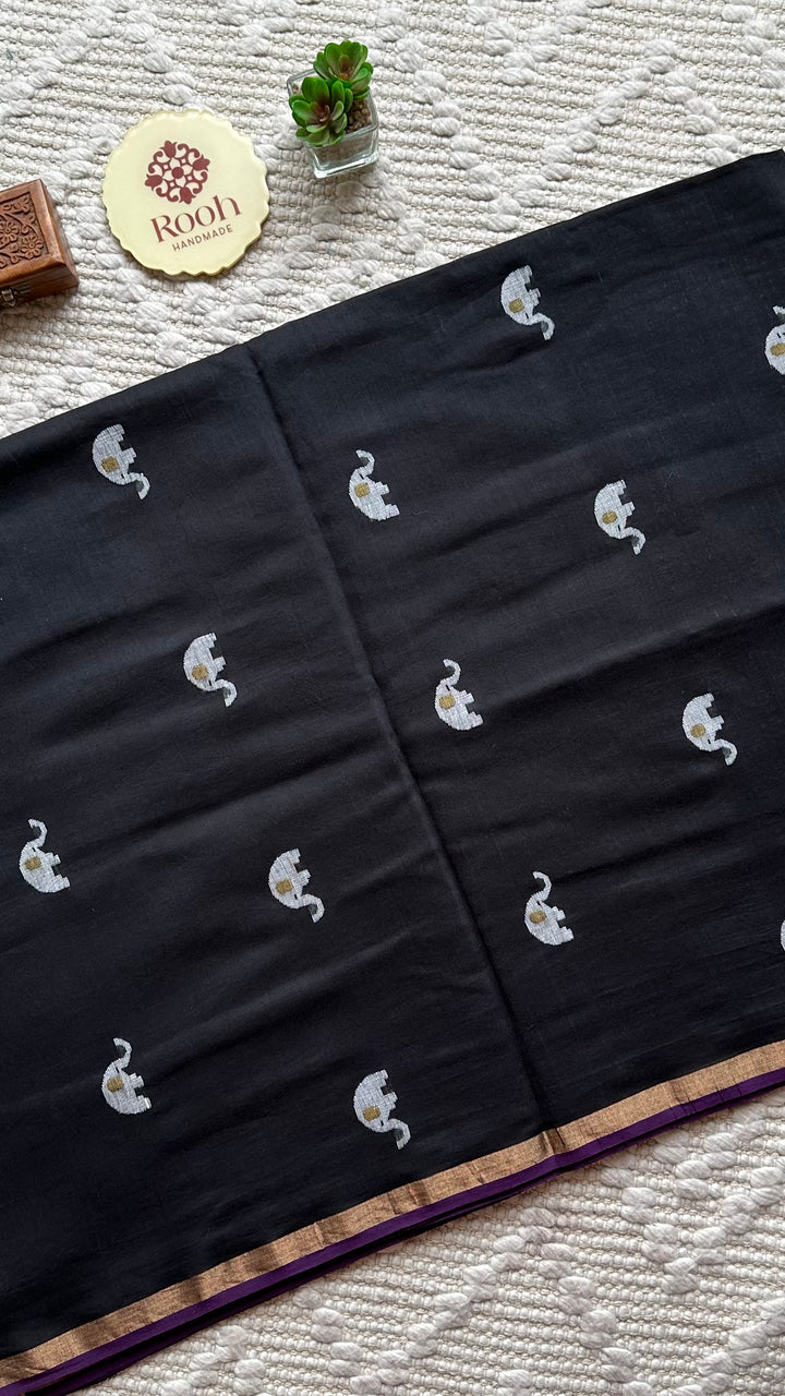 PREMIUM JAMDANI WEAVE HANDWOVEN PURE SILK BY PURE COTTON SAREE - OXFORD BLACK