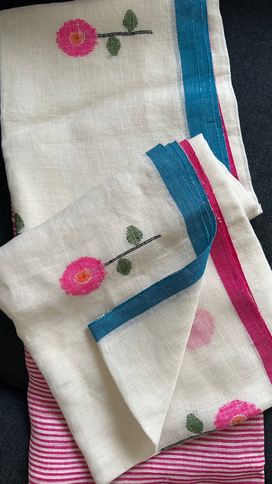 SUPER PREMIUM HANDWOVEN NEEDLE-WORK JAMDANI JAYASHREE LINEN SAREE - SUNFLOWERS ON IVORY