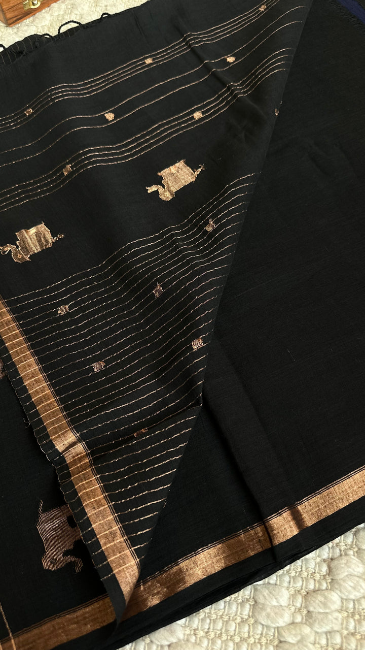 PREMIUM JAMDANI WEAVE HANDWOVEN AND HANDSPUN COTTON SAREE - MIDNIGHT BLACK (AVAILABLE ON PRE-ORDER - DISPATCH TIME IS 30-35 DAYS)