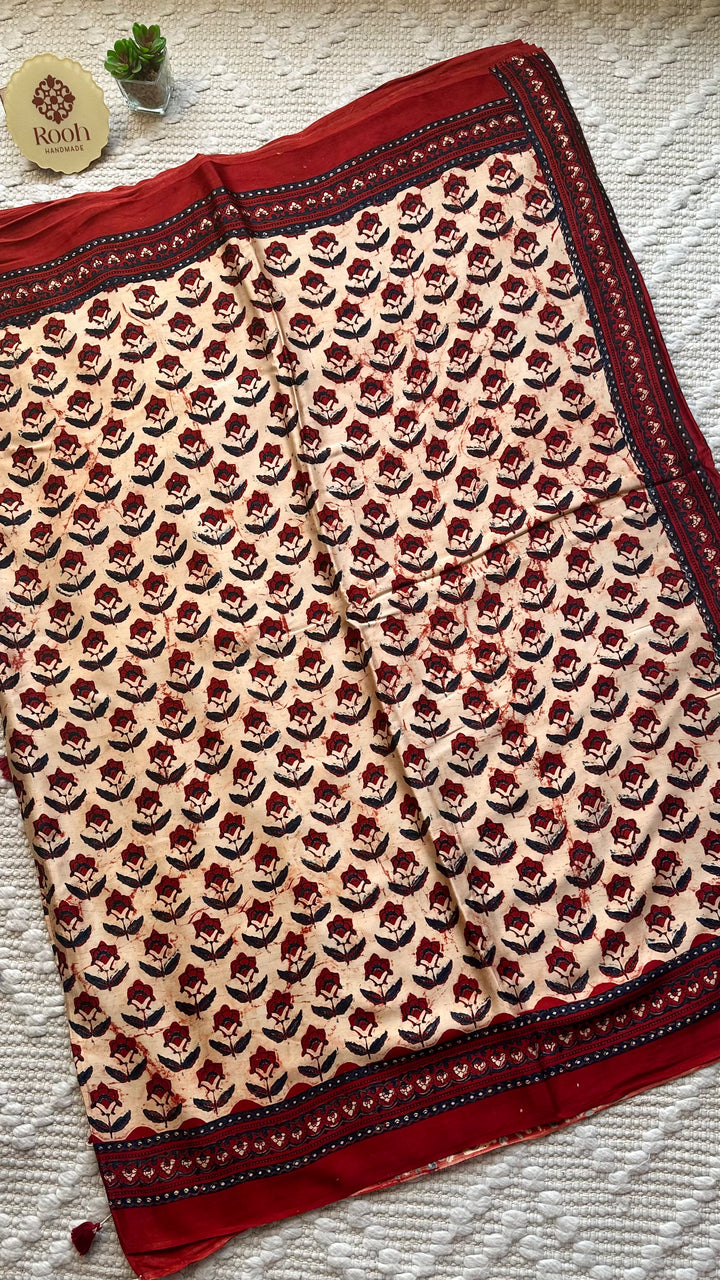 HUES OF AUTUMN- SUPER PREMIUM & BUTTERY SOFT AJRAKH HAND BLOCK PRINTED MODAL SILK SAREE (DISPATCH TIME IS 5 TO 7 DAYS)