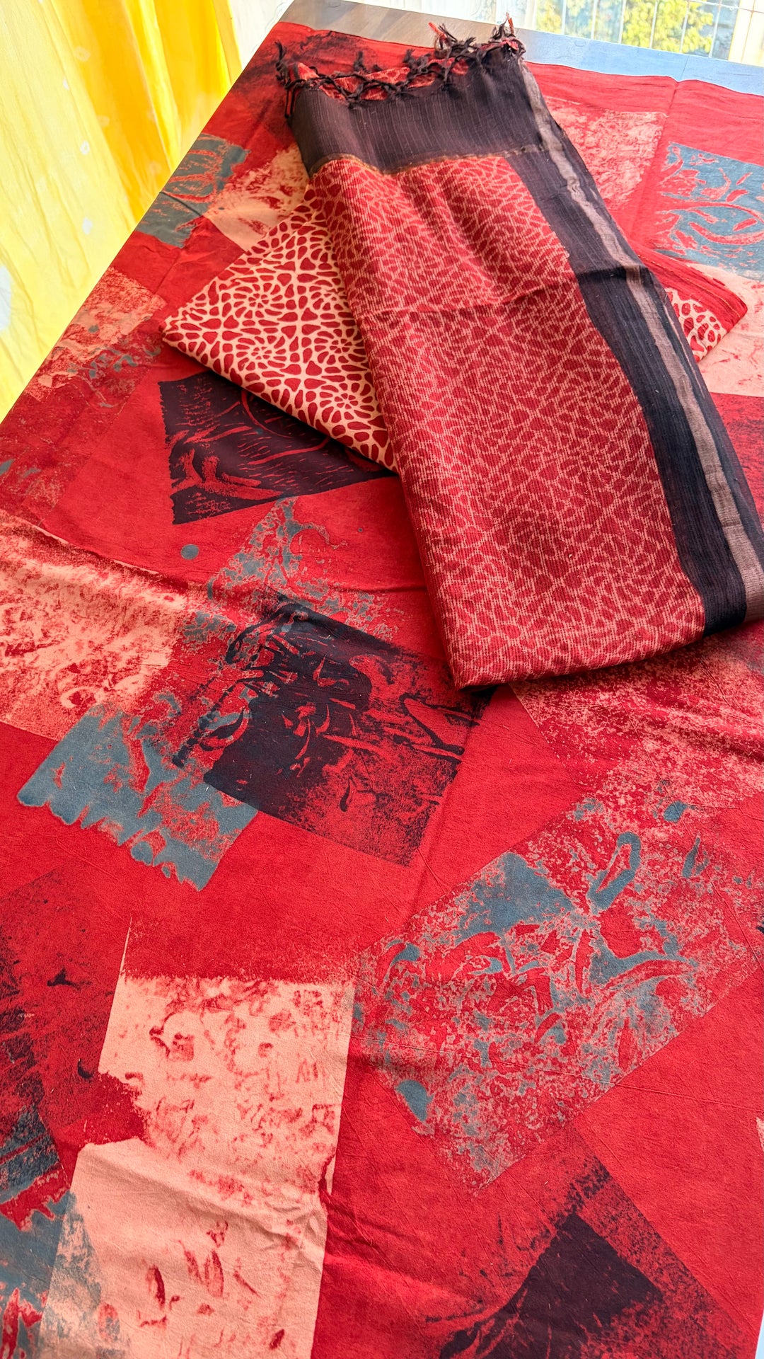 AJRAKH HANDBLOCK PRINTED UNSTITCHED DRESS MATERIAL (SET OF THREE)-  ABSTRACT RED