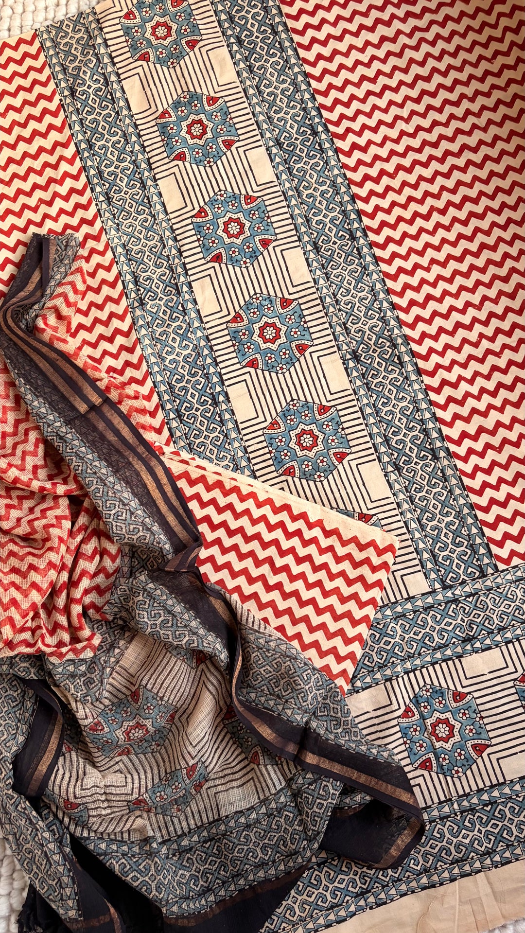 AJRAKH HANDBLOCK PRINTED UNSTITCHED DRESS MATERIAL (SET OF THREE)- BEIGE LOVE