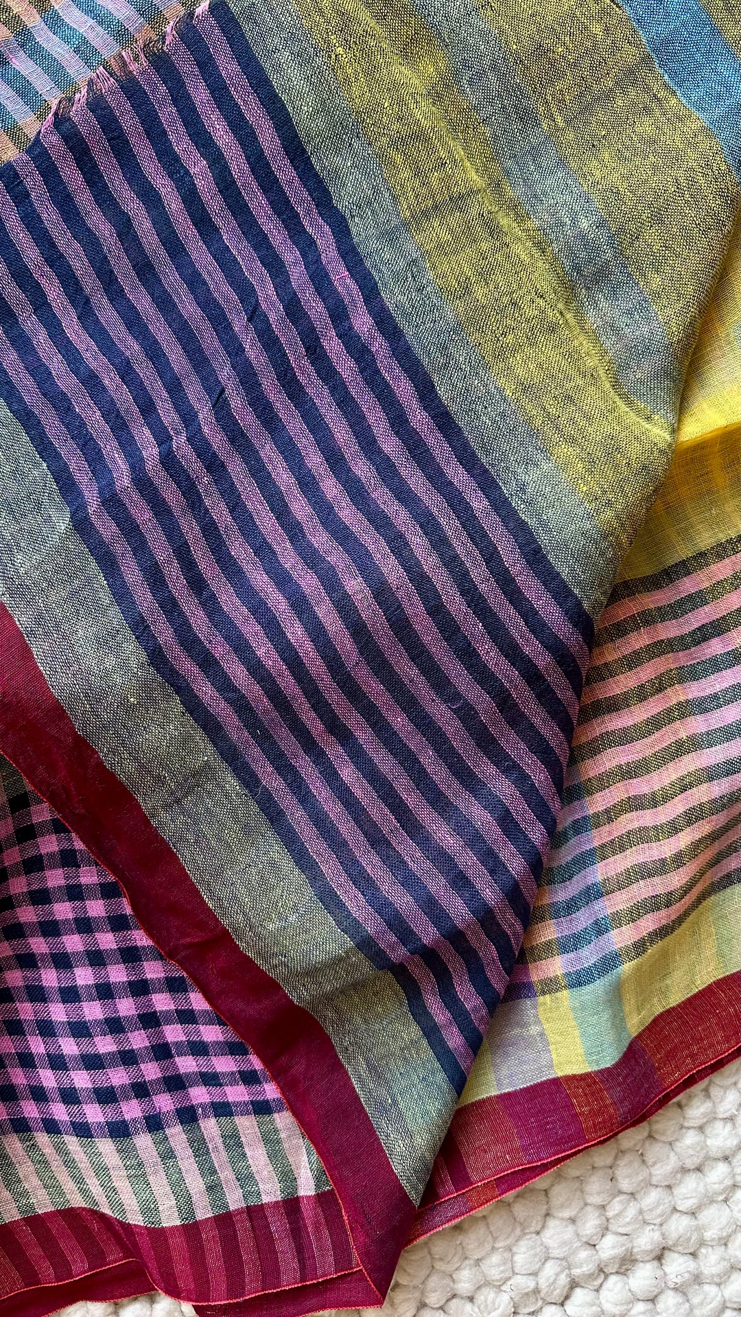 Multi Colour Checked Pure Handwoven Linen Saree - 009