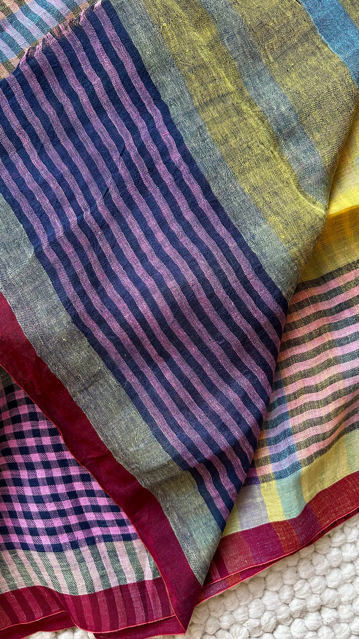 Multi Colour Checked Pure Handwoven Linen Saree - 009