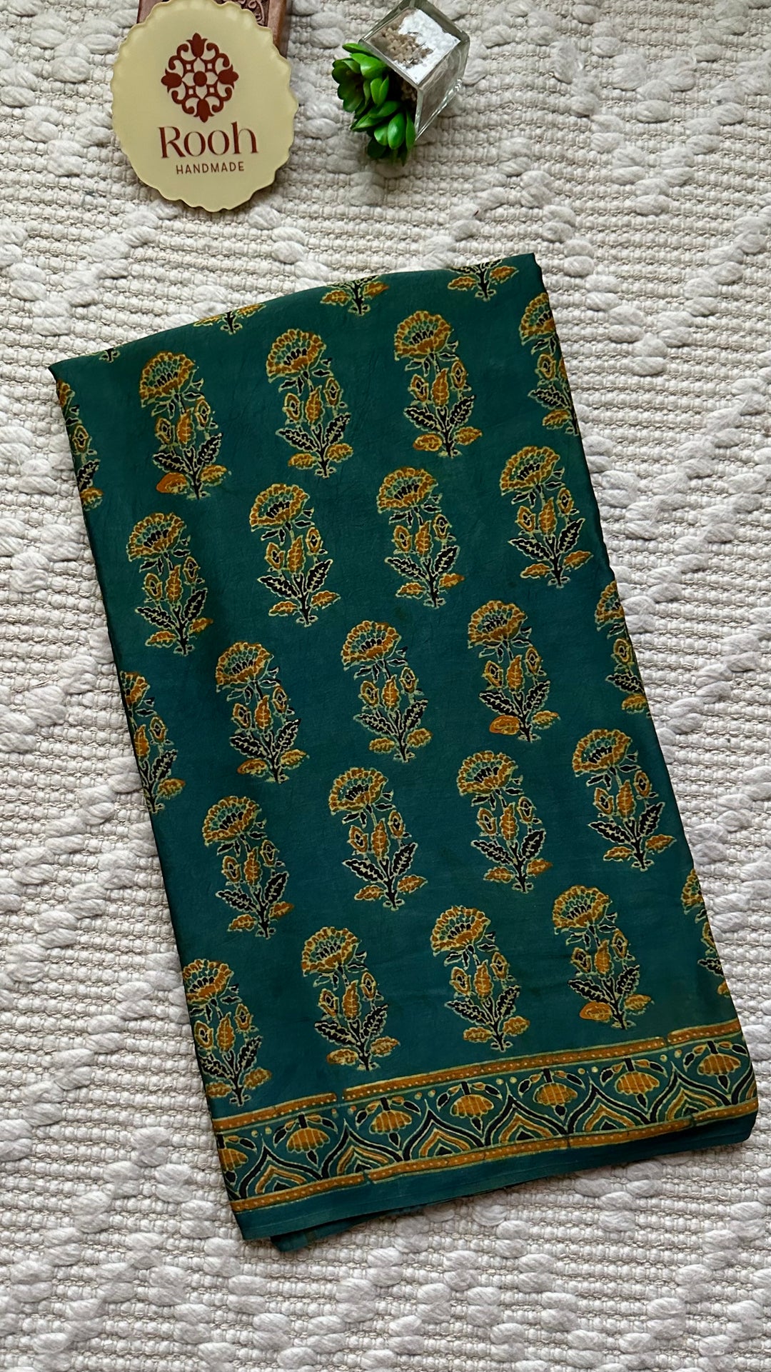 MAHIKA - DEEP GREEN PREMIUM AJRAKH HAND BLOCK PRINTED MODAL SILK SAREE