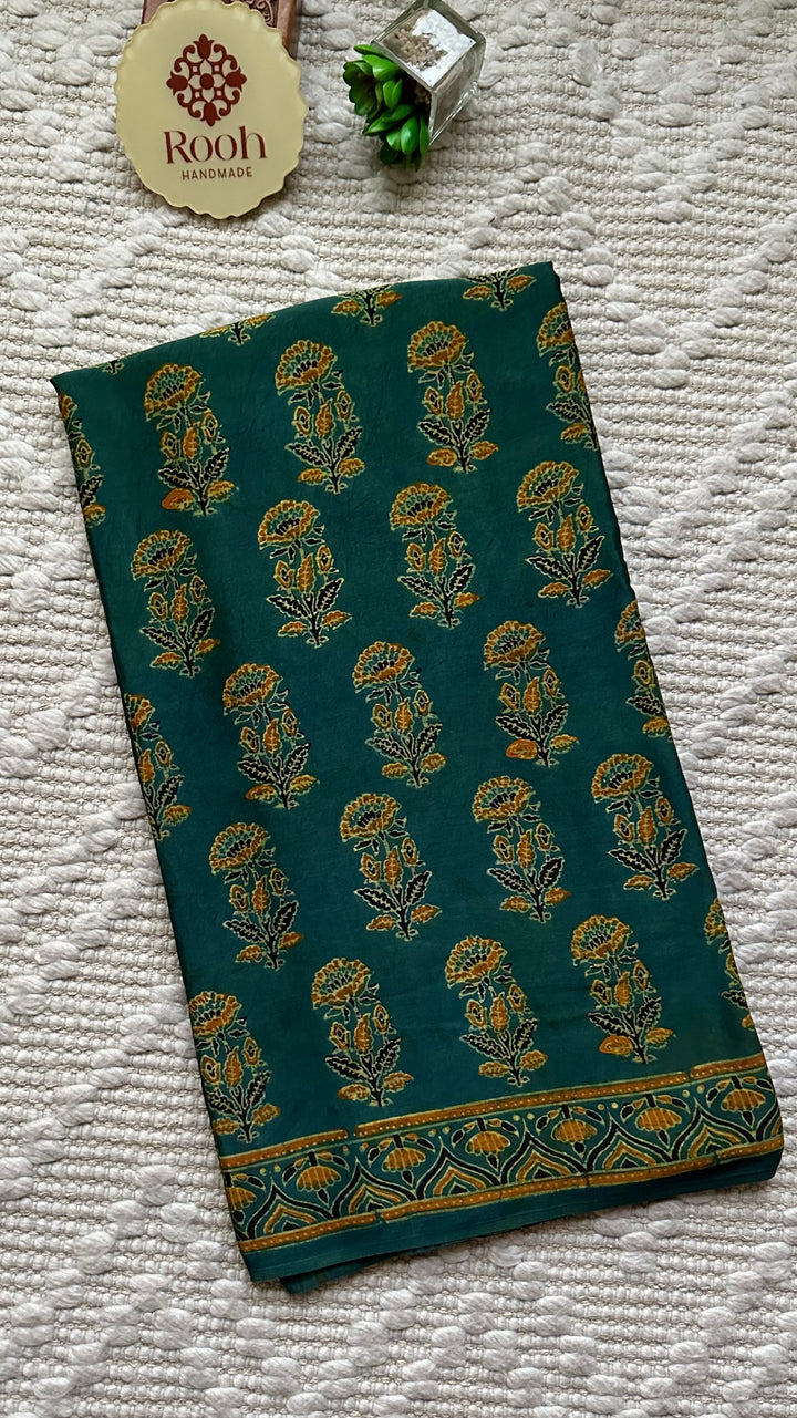MAHIKA - DEEP GREEN PREMIUM AJRAKH HAND BLOCK PRINTED MODAL SILK SAREE