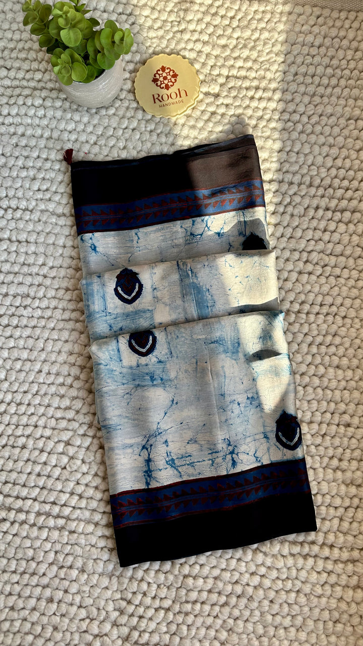 MARBLE INDIGO CHARMS  - AJRAKH HAND BLOCK PRINTED PREMIUM MODAL SILK SAREE