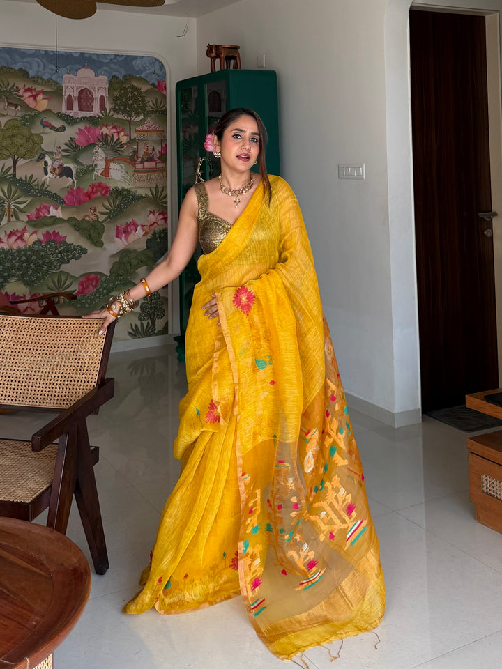 SUPER PREMIUM HANDWOVEN JAYASHREE LINEN BY TISSUE SILK NEEDLE-WORK JAMDANI SAREE - MUSTARD YELLOW