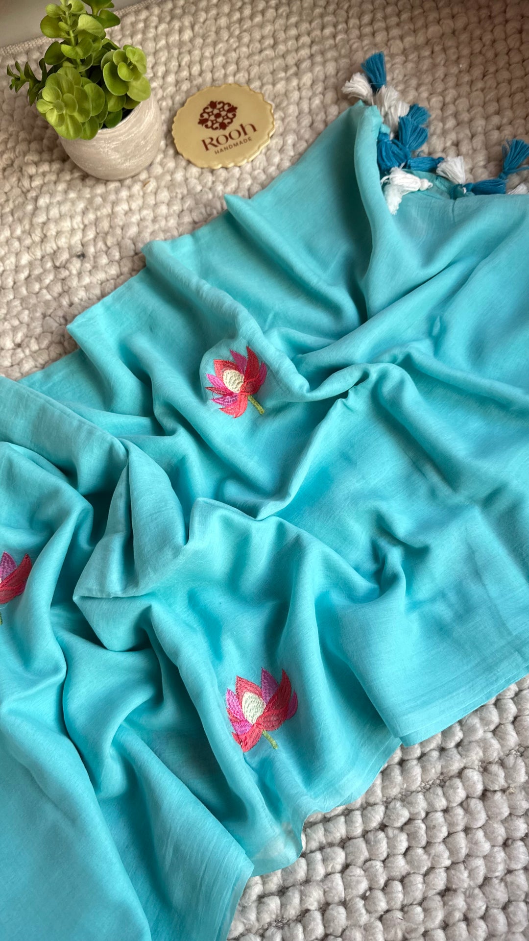 SKY BLUE - LOTUS EMBROIDERED PURE SUPER SOFT MULMUL COTTON SAREE