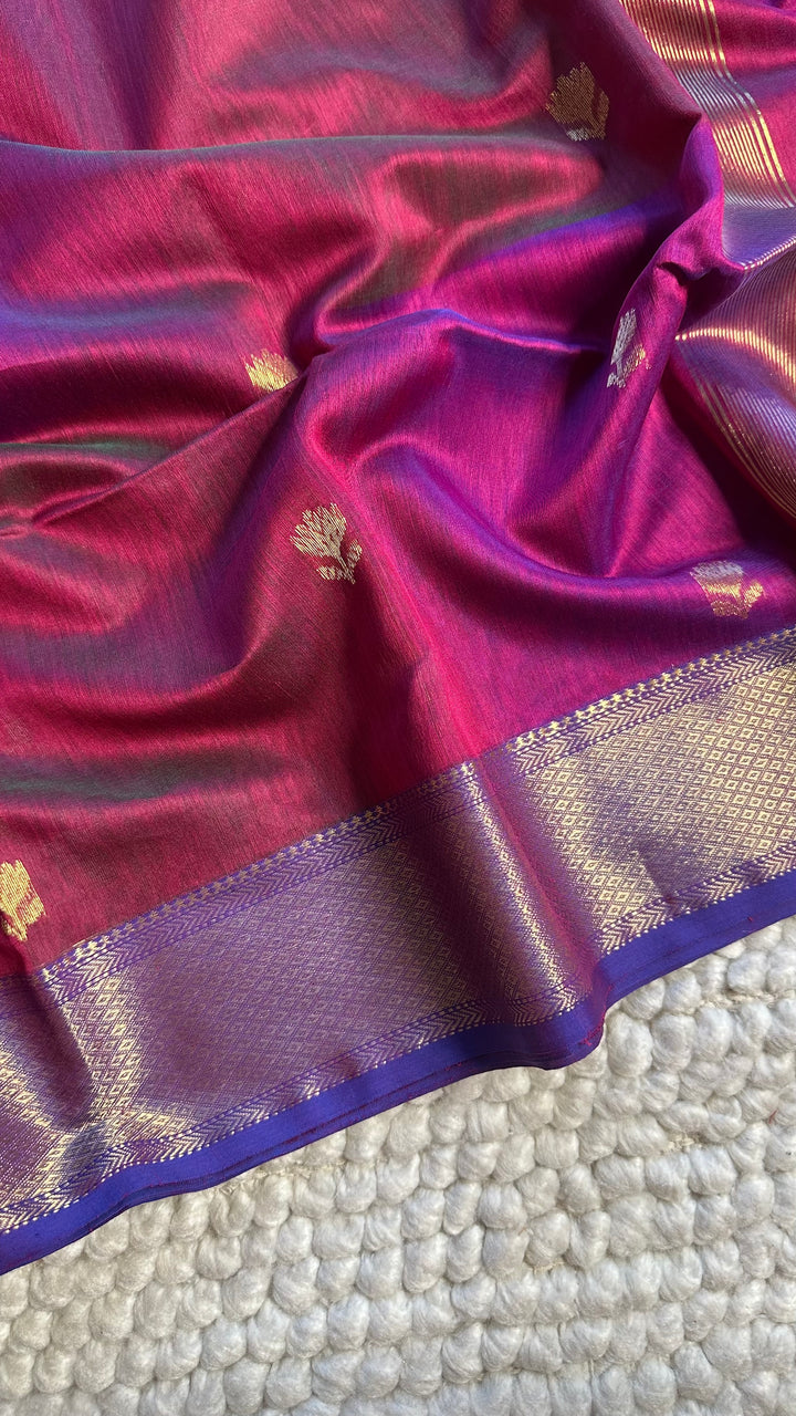 MAGENTA AND BLUE DUAL TONE- PREMIUM HANDWOVEN MAHESHWARI SILK BY COTTON SAREE (DISPATCH IN 7-10 DAYS)