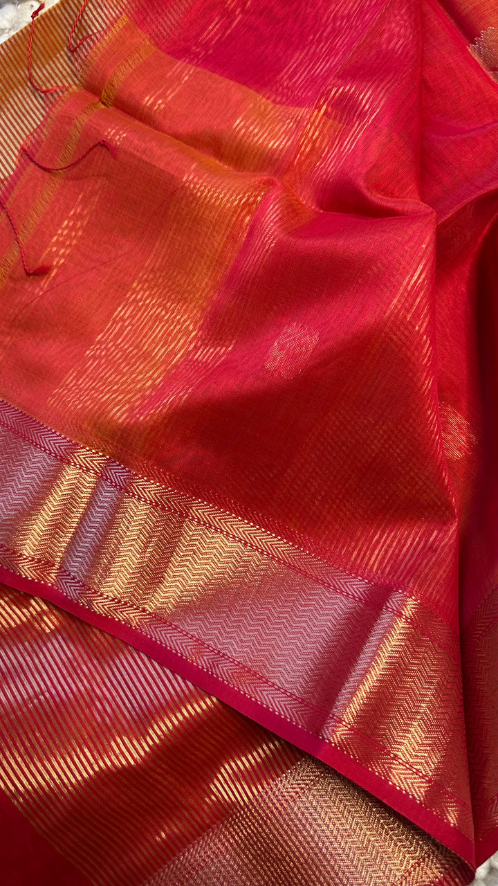 WARM RED & SUNSHINE YELLOW DUAL TONE- PREMIUM HANDWOVEN MAHESHWARI SILK BY COTTON SAREE