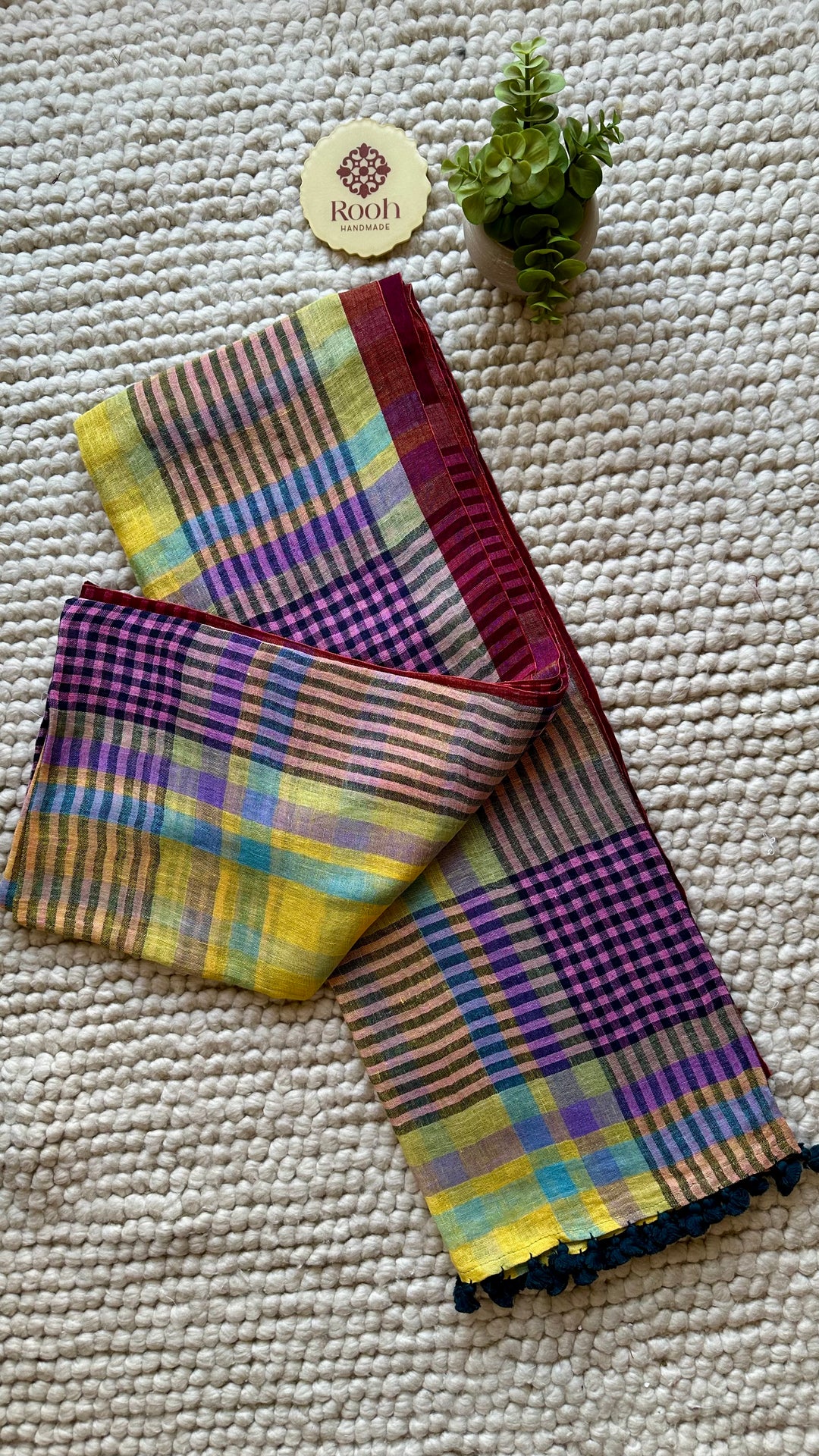 Multi Colour Checked Pure Handwoven Linen Saree - 009