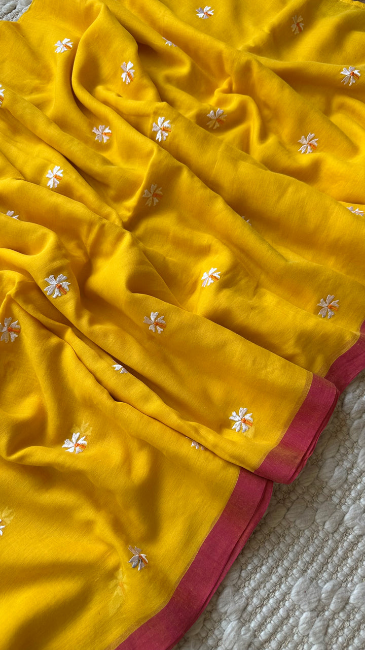SHIULI - SUNSHINE YELLOW WITH PINK BORDER SUPER SOFT MUL COTTON SAREE (DISPATCH TIME - 7 TO 10 DAYS)