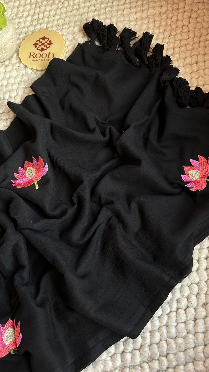 DEEP BLACK - LOTUS EMBROIDERED PURE SUPER SOFT MULMUL COTTON SAREE