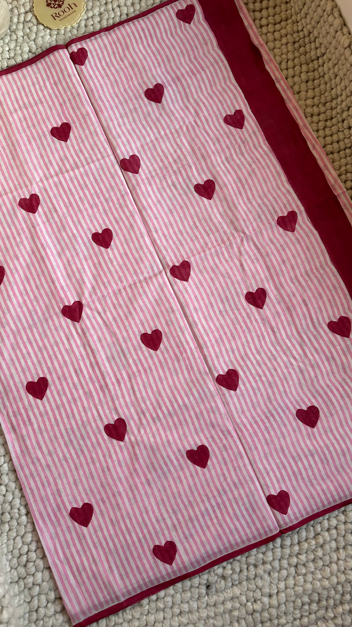 SANGANERI HAND BLOCK PRINTED SOFT MULMUL COTTON SAREE- CANDID HEARTS