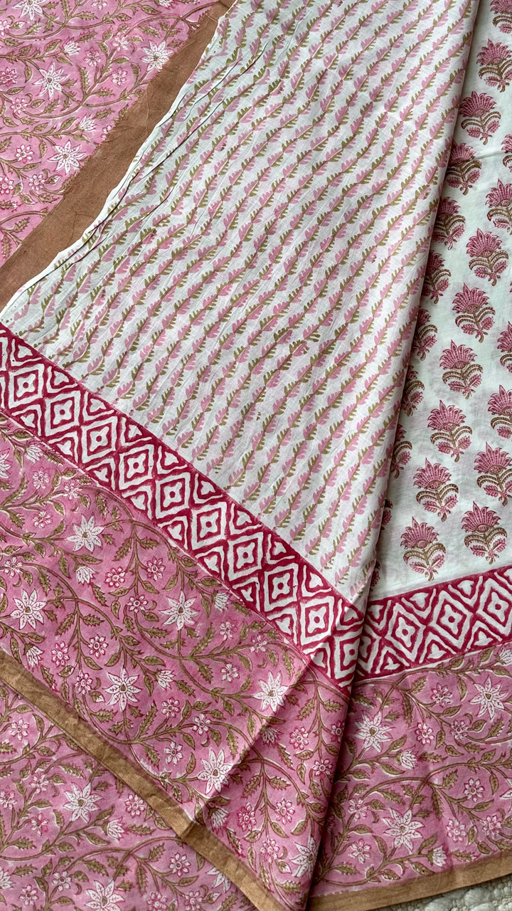 SANGANERI HAND BLOCK PRINTED SOFT MULMUL COTTON SAREE- 016