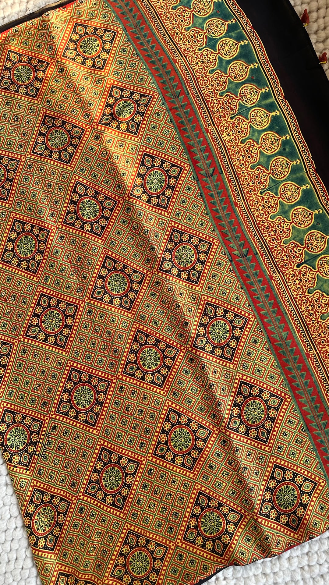 YELLOW CHARMS - AJRAKH HAND BLOCK MARBLE PRINTED PREMIUM MODAL SILK SAREE  (ONLY AVAILABLE ON PRE-ORDER - DISPATCH TIME IS 30-35 DAYS)