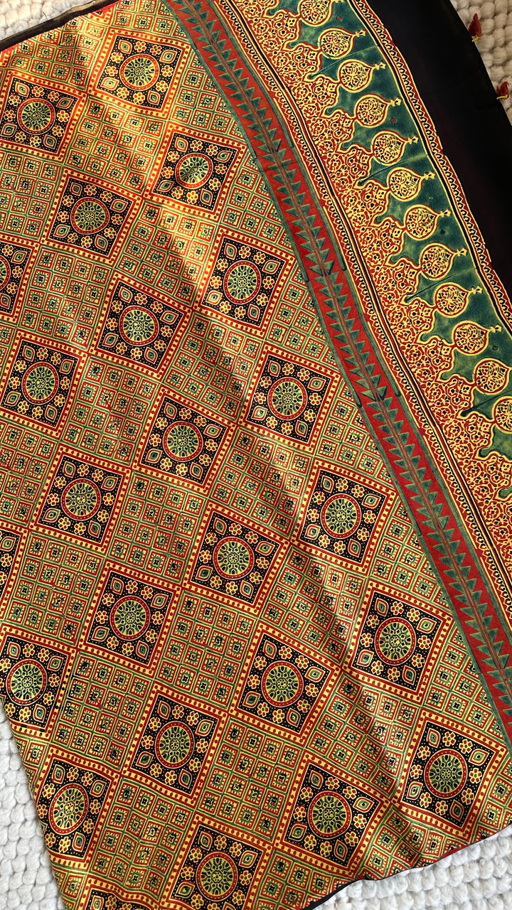 YELLOW CHARMS - AJRAKH HAND BLOCK MARBLE PRINTED PREMIUM MODAL SILK SAREE  (ONLY AVAILABLE ON PRE-ORDER - DISPATCH TIME IS 30-35 DAYS)
