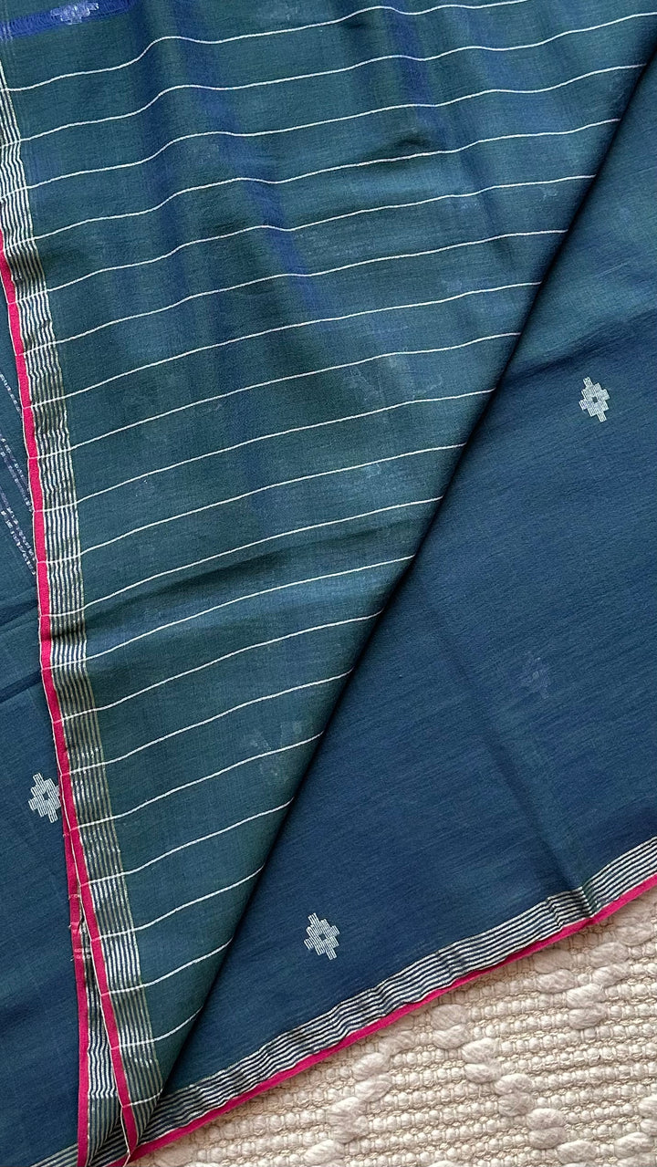 PREMIUM JAMDANI WEAVE HANDWOVEN AND HANDSPUN COTTON SAREE - PEACOCK BLUE