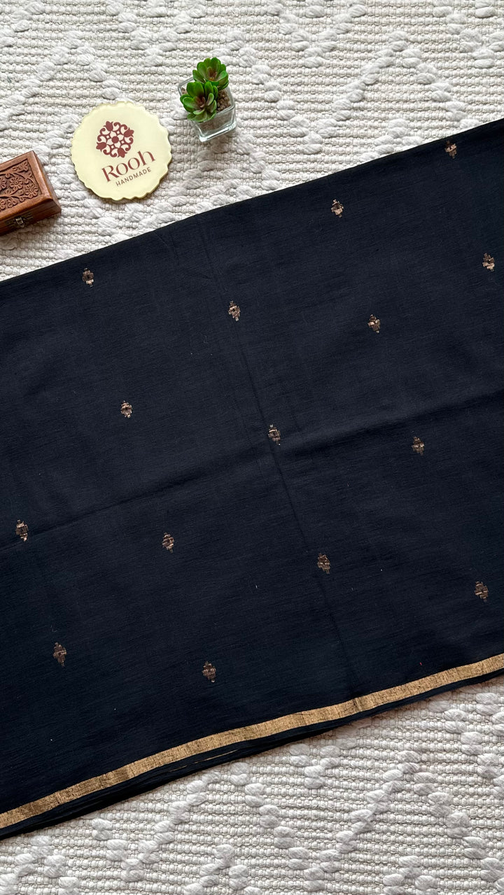 PREMIUM JAMDANI WEAVE HANDWOVEN AND HANDSPUN COTTON SAREE - RAVEN BLACK