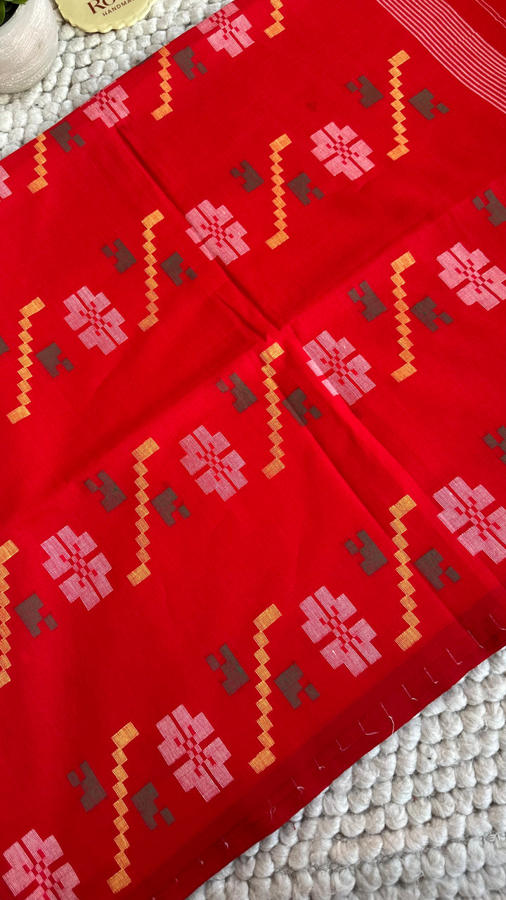 PREMIUM NEEDLE WORK JAMDANI HANDWOVEN COTTON SAREE - CLASSIC RED