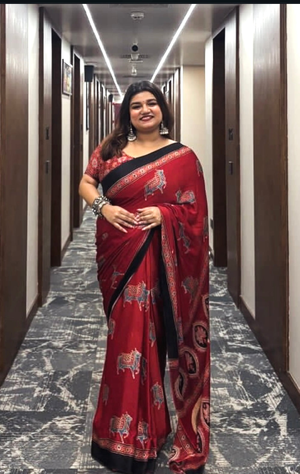 MADDER RED & INDIGO PICHWAI NANDI - AJRAKH HAND BLOCK PRINTED MODAL SILK SAREE